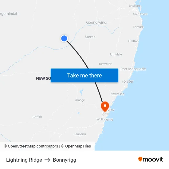 Lightning Ridge to Bonnyrigg map