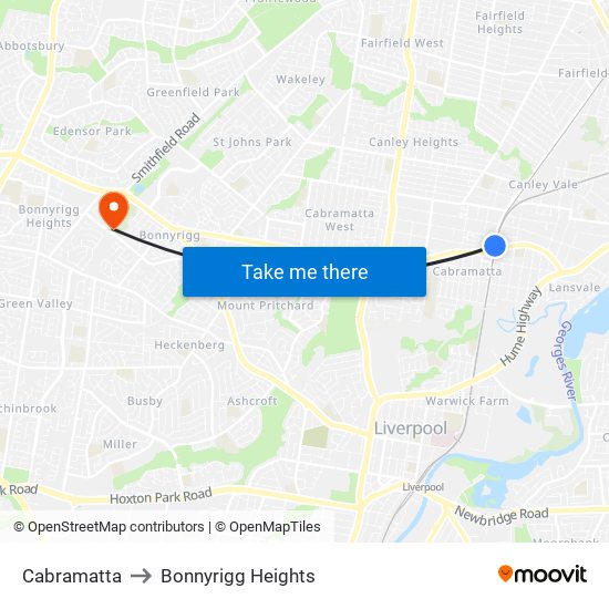 Cabramatta to Bonnyrigg Heights map