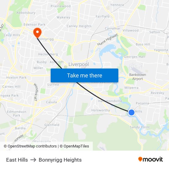 East Hills to Bonnyrigg Heights map