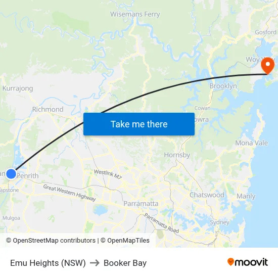 Emu Heights (NSW) to Booker Bay map