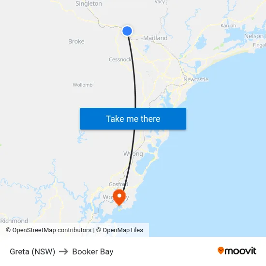 Greta (NSW) to Booker Bay map