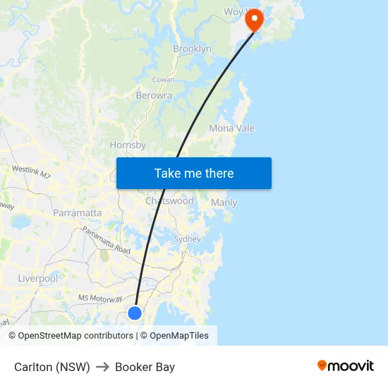 Carlton (NSW) to Booker Bay map