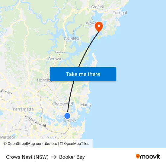 Crows Nest (NSW) to Booker Bay map