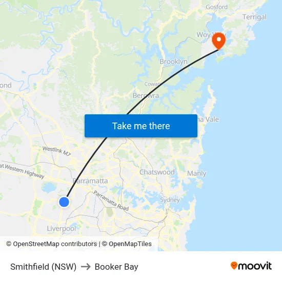 Smithfield (NSW) to Booker Bay map