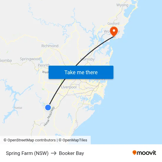 Spring Farm (NSW) to Booker Bay map