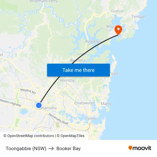 Toongabbie (NSW) to Booker Bay map