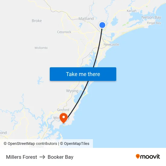 Millers Forest to Booker Bay map