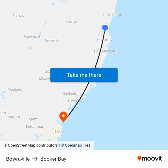 Bowraville to Booker Bay map