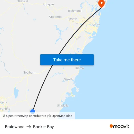 Braidwood to Booker Bay map
