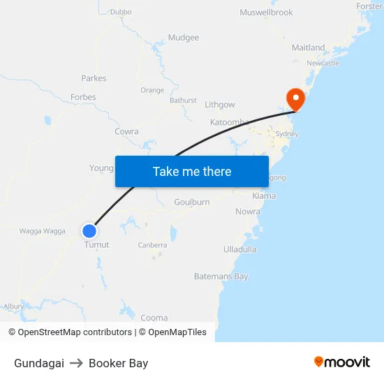 Gundagai to Booker Bay map