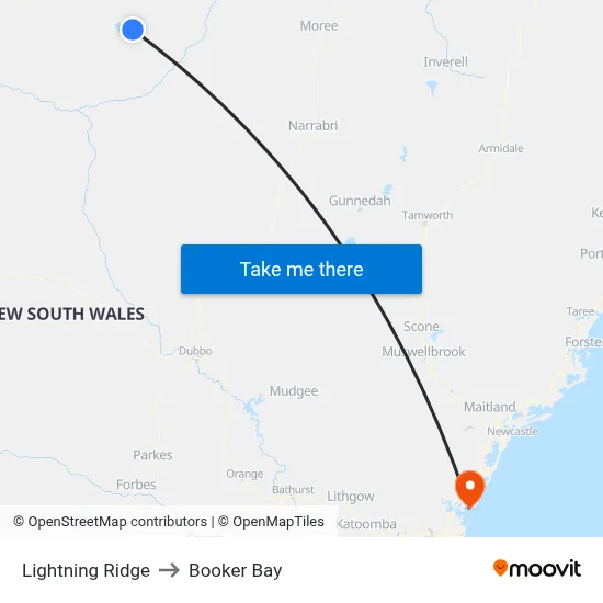 Lightning Ridge to Booker Bay map