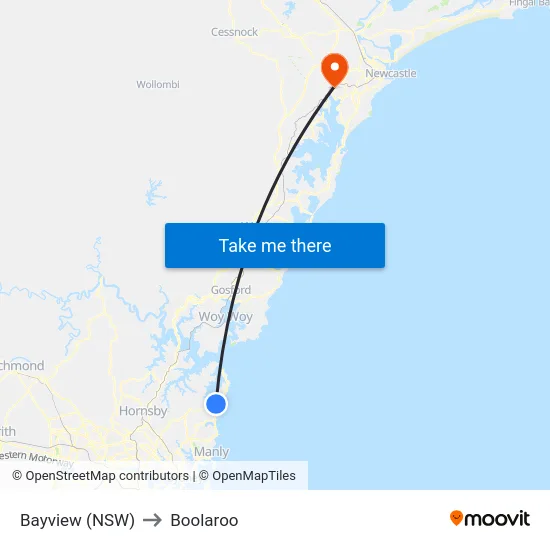 Bayview (NSW) to Boolaroo map