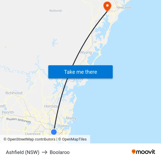 Ashfield (NSW) to Boolaroo map