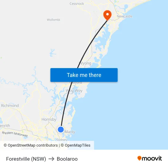 Forestville (NSW) to Boolaroo map