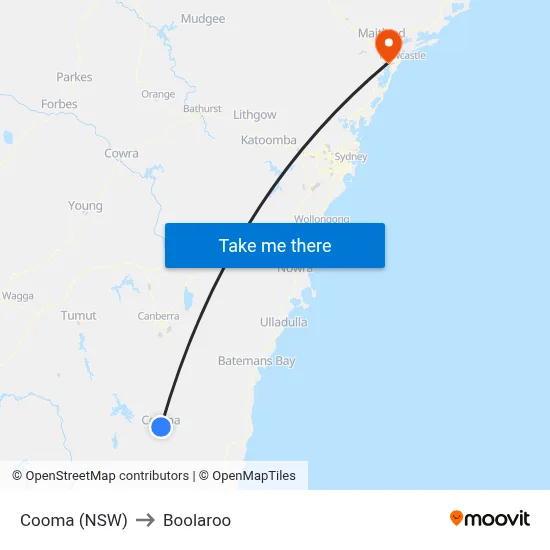 Cooma (NSW) to Boolaroo map