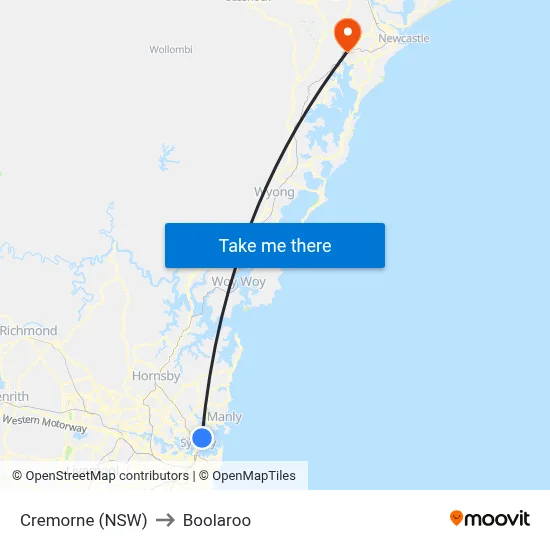 Cremorne (NSW) to Boolaroo map