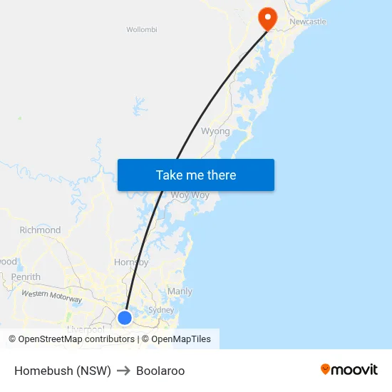 Homebush (NSW) to Boolaroo map
