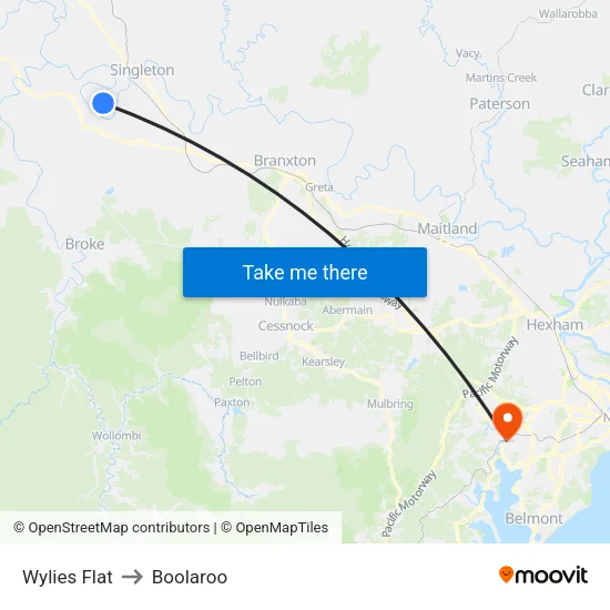 Wylies Flat to Boolaroo map