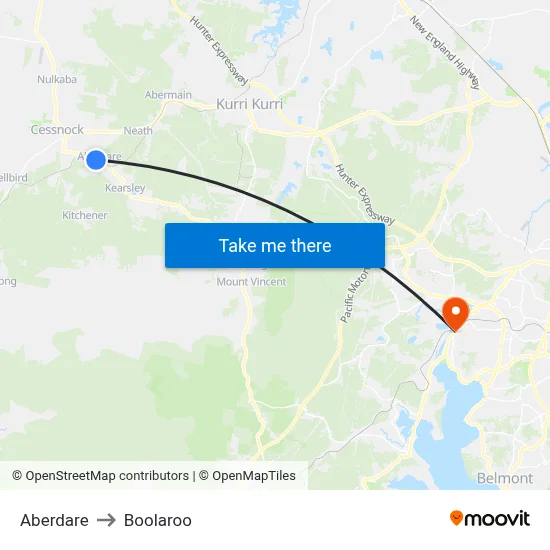 Aberdare to Boolaroo map