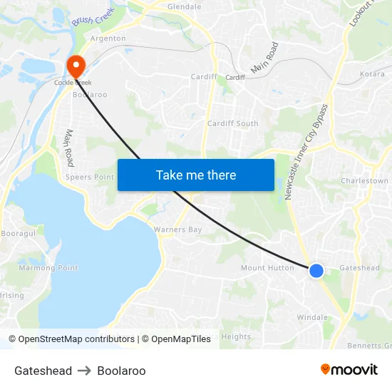 Gateshead to Boolaroo map