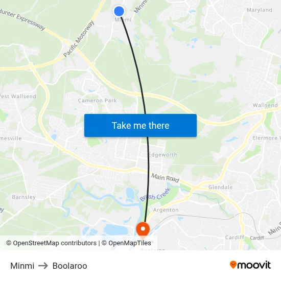 Minmi to Boolaroo map