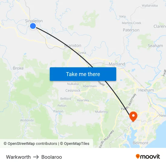Warkworth to Boolaroo map