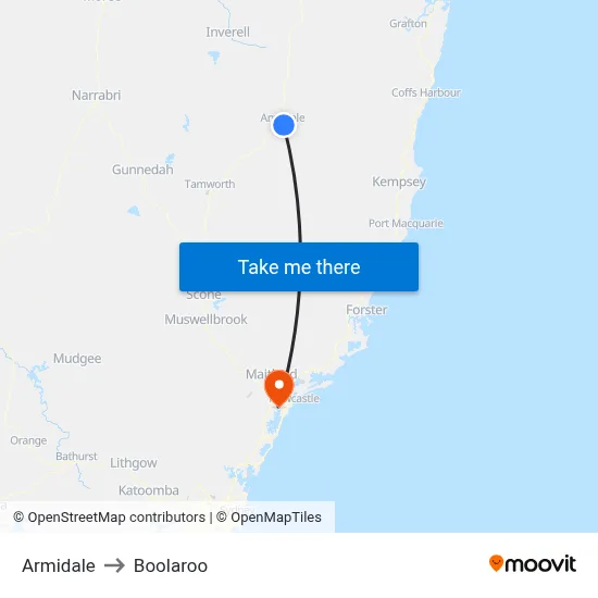 Armidale to Boolaroo map