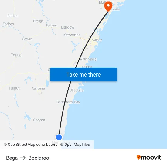 Bega to Boolaroo map