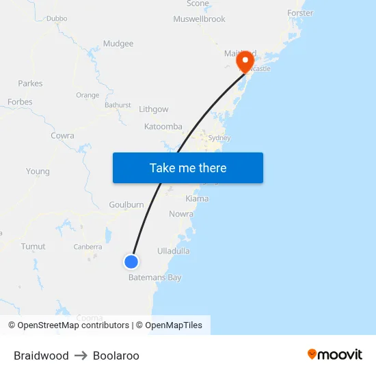 Braidwood to Boolaroo map