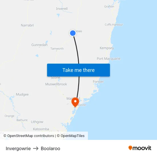 Invergowrie to Boolaroo map