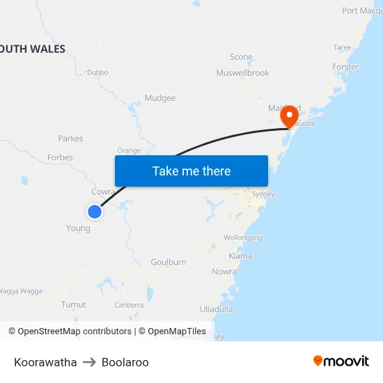 Koorawatha to Boolaroo map