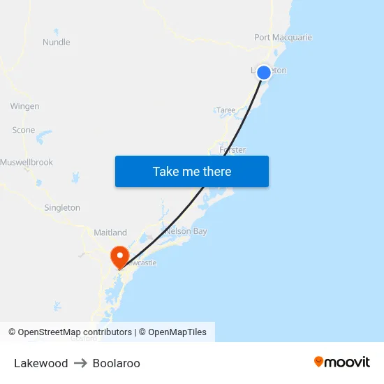 Lakewood to Boolaroo map