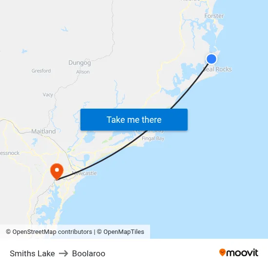 Smiths Lake to Boolaroo map