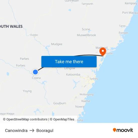 Canowindra to Booragul map