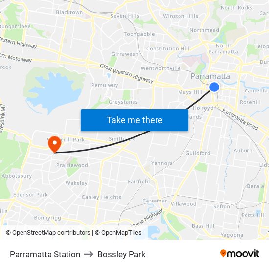 Parramatta Station to Bossley Park map