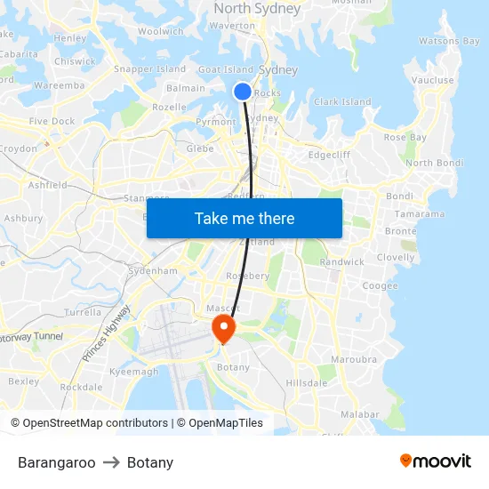 Barangaroo to Botany map