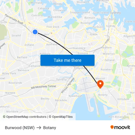 Burwood (NSW) to Botany map