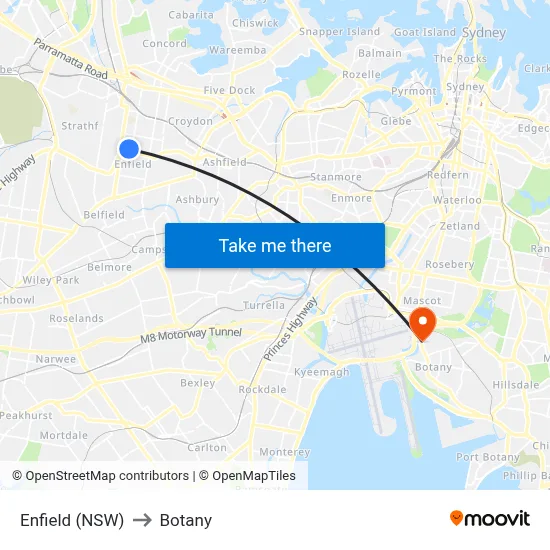 Enfield (NSW) to Botany map