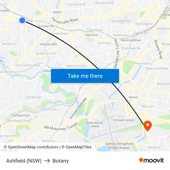 Ashfield (NSW) to Botany map