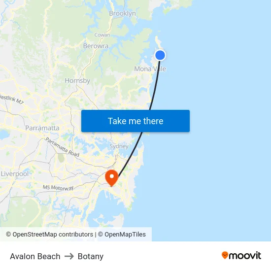 Avalon Beach to Botany map