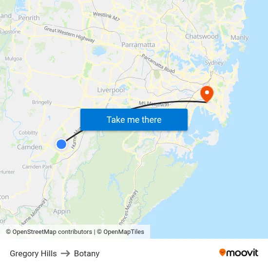 Gregory Hills to Botany map