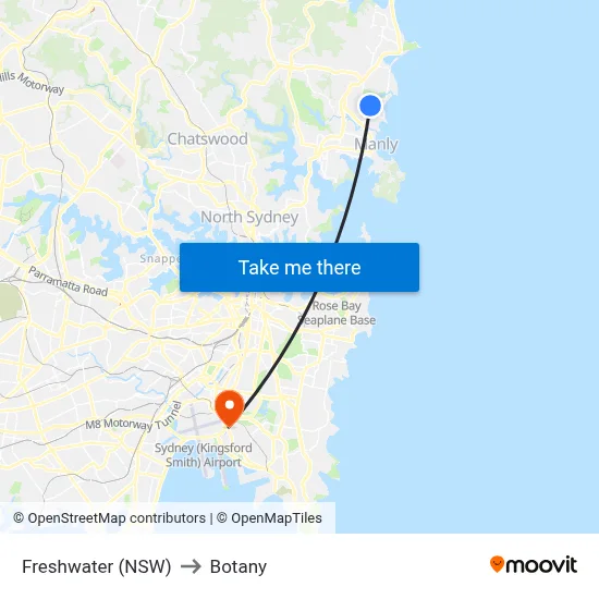 Freshwater (NSW) to Botany map