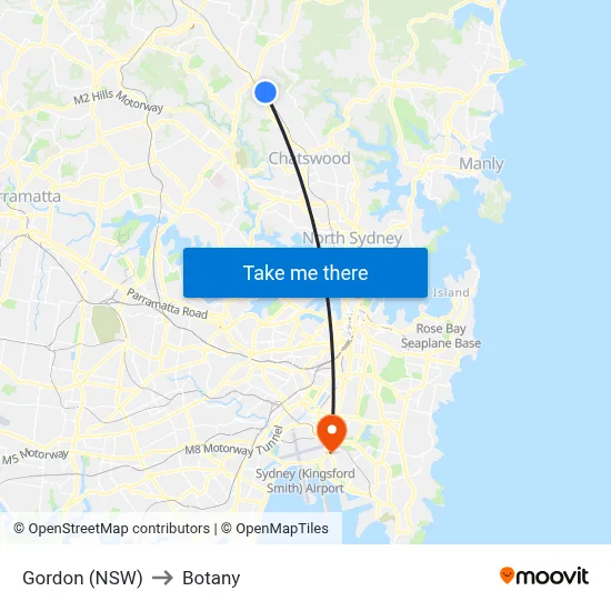 Gordon (NSW) to Botany map