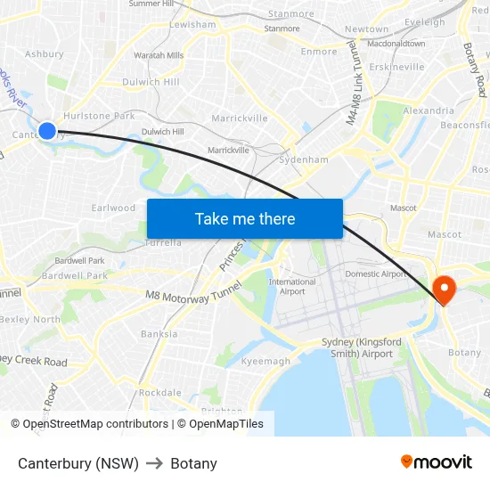 Canterbury (NSW) to Botany map