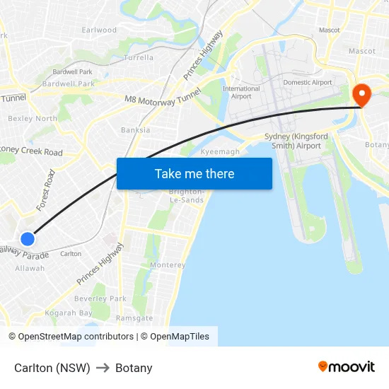 Carlton (NSW) to Botany map