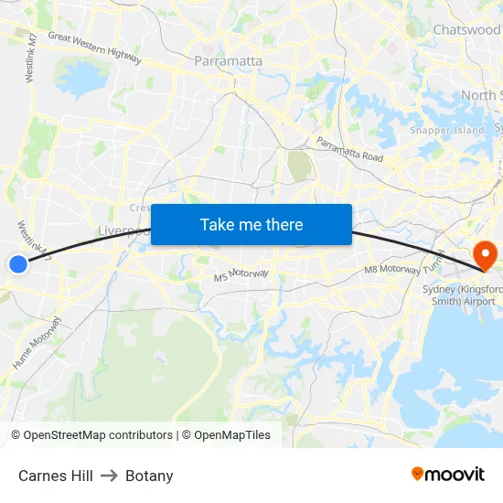 Carnes Hill to Botany map