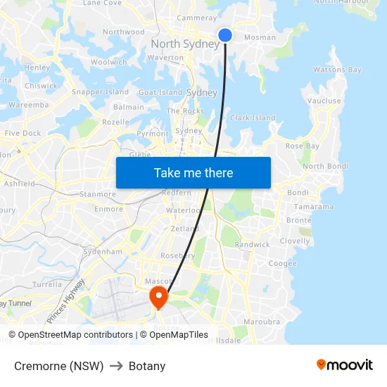 Cremorne (NSW) to Botany map