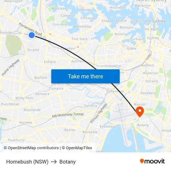 Homebush (NSW) to Botany map