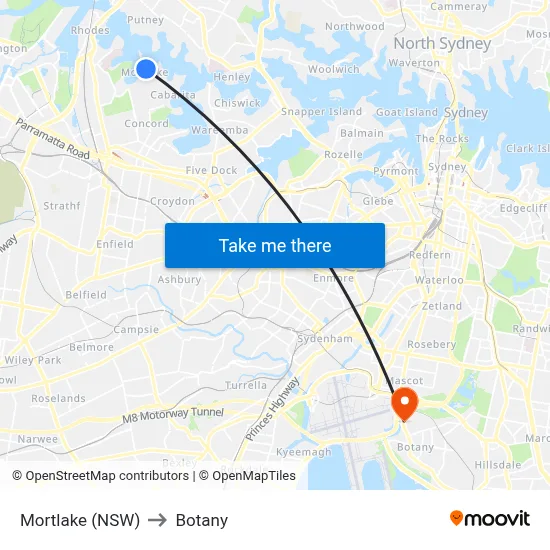 Mortlake (NSW) to Botany map