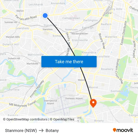 Stanmore (NSW) to Botany map
